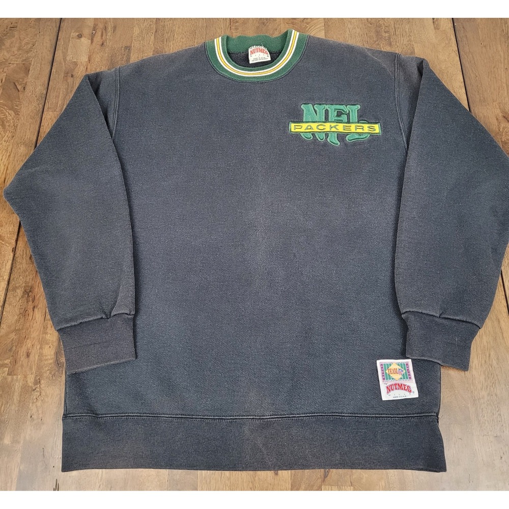 Vtg 1990s Nutmeg Green Bay Packers Crewneck Sweatshirt Faded Black XL Embroided